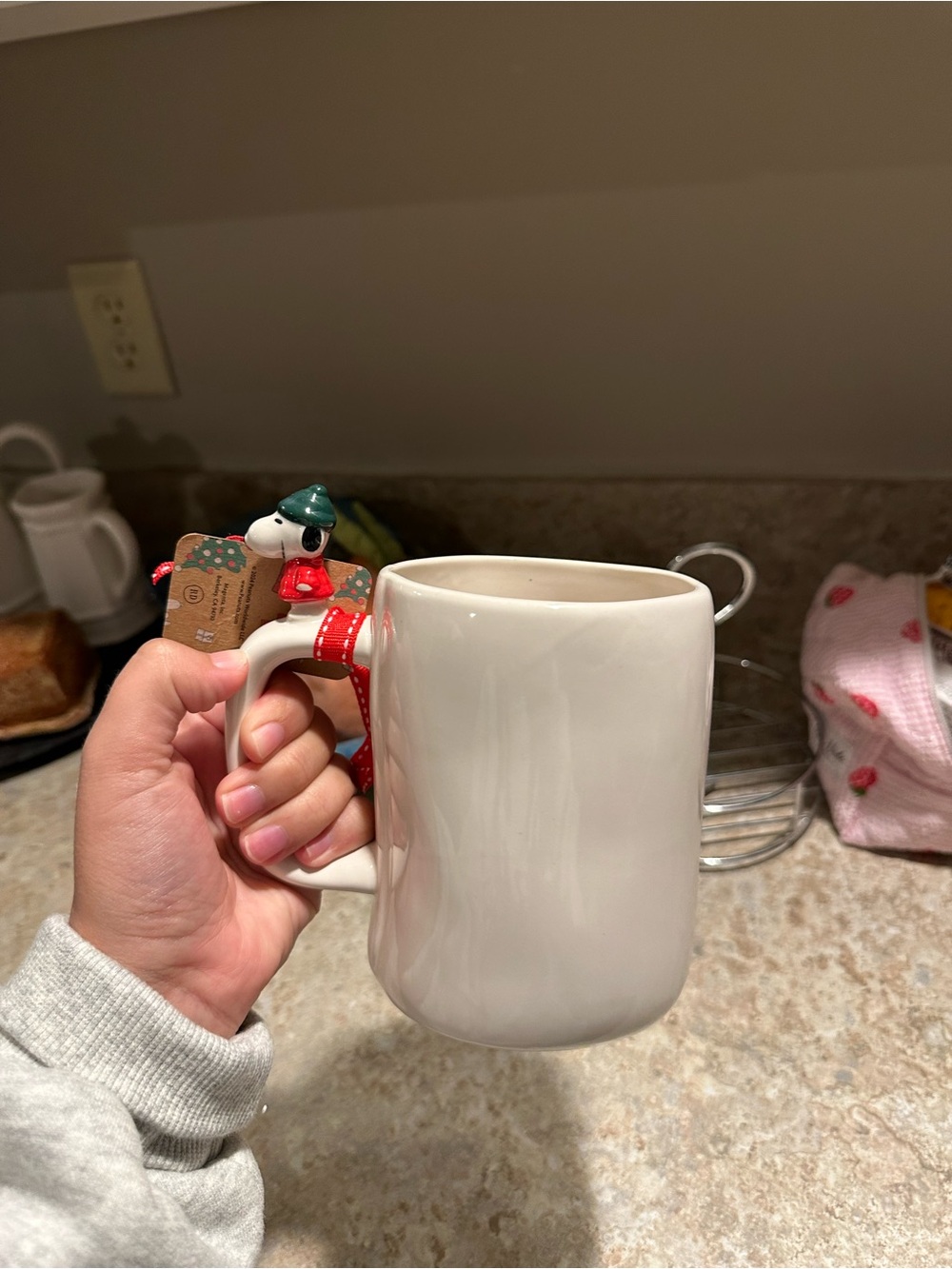 White Ceramic Mug with Festive Snoopy Handle Accent
